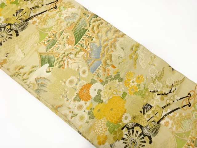 アンティーク　花車に唐風景模様織り出し丸帯(材料)